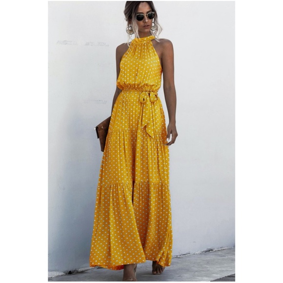 Dresses & Skirts - STEVIE Polka Dot Halter Maxi - MUSTARD